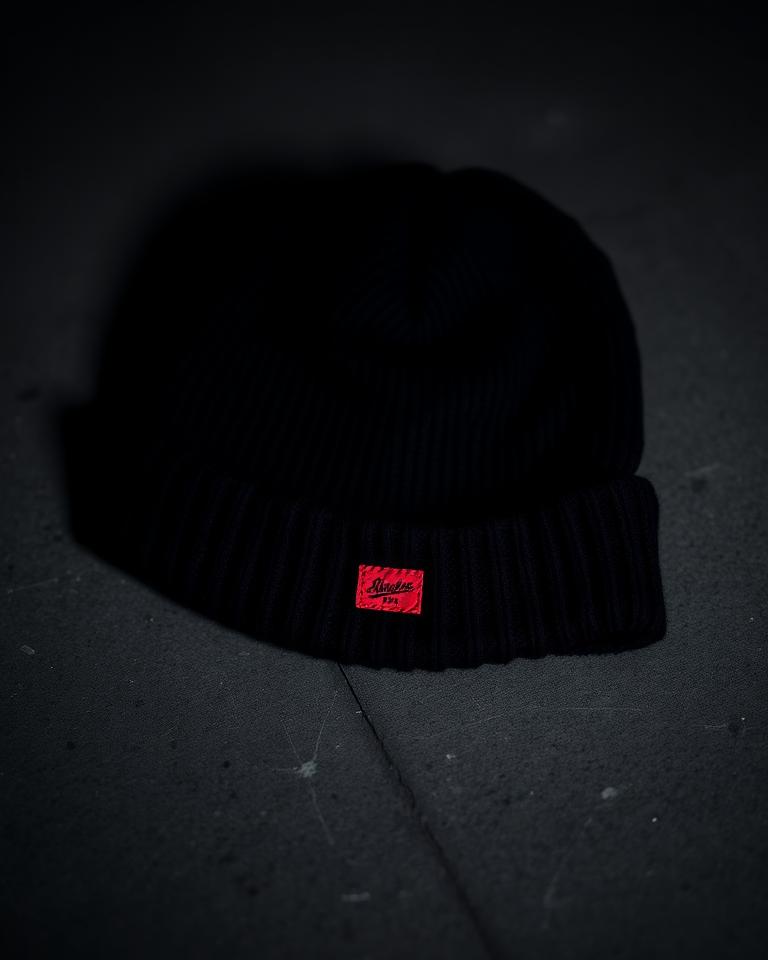 Black ribbed beanie with red label