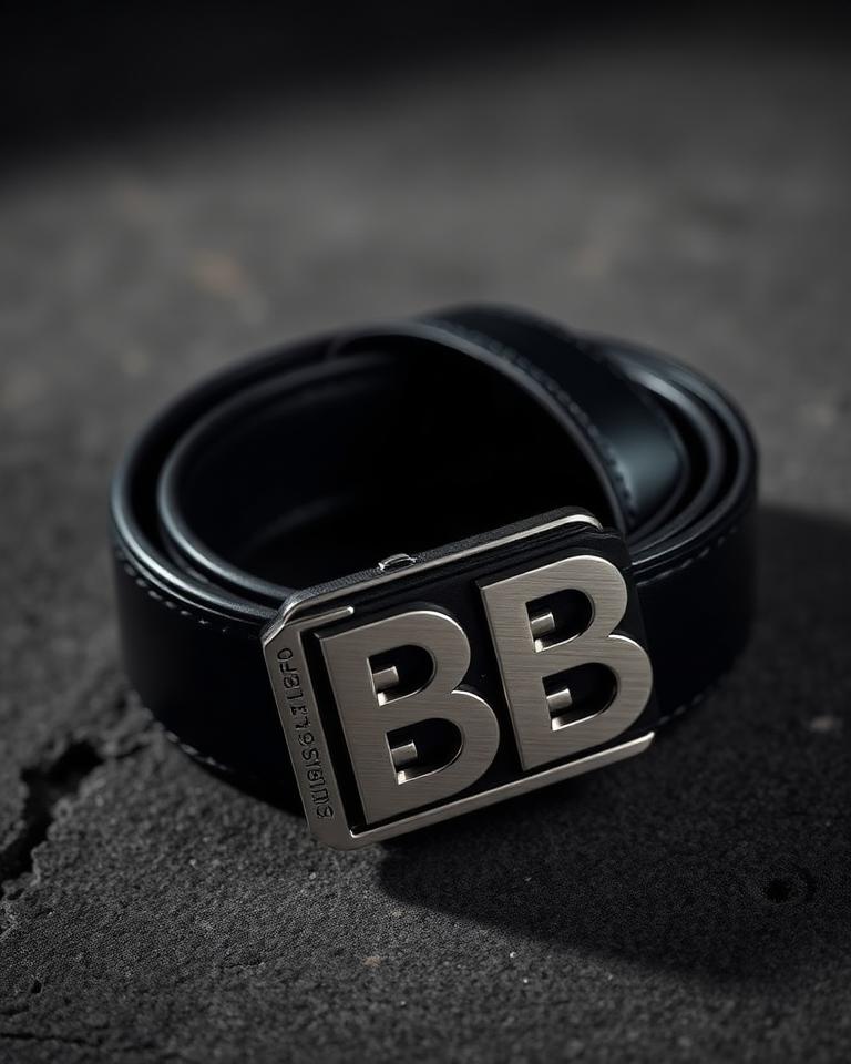 Black leather belt with silver BB monogram buckle