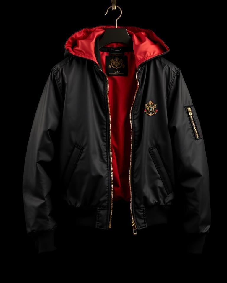 Luxury black silk bomber with red lining and gold zipper