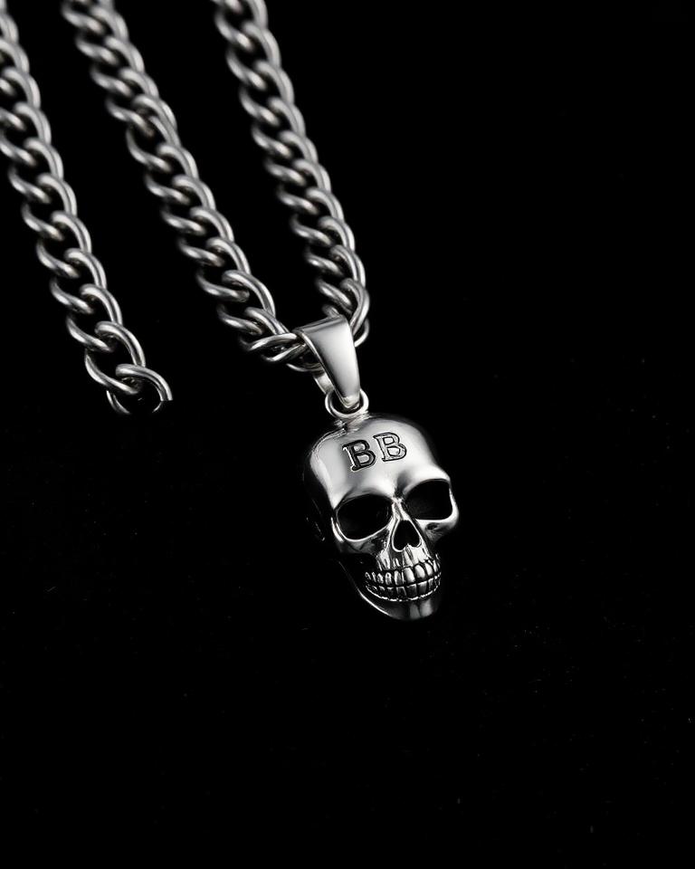 Silver Cuban chain with engraved BB skull pendant