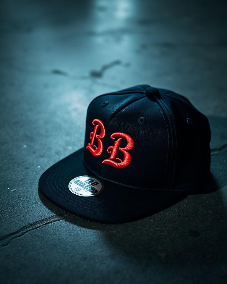 Black flat-bill snapback with red BB embroidery