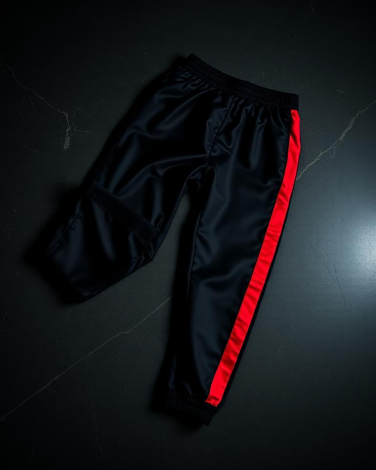 Black satin track pant with red side stripe