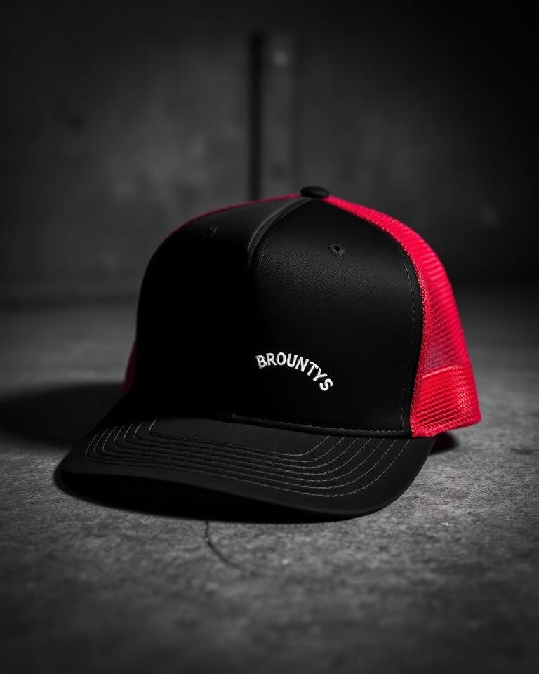 Black trucker cap with red mesh back